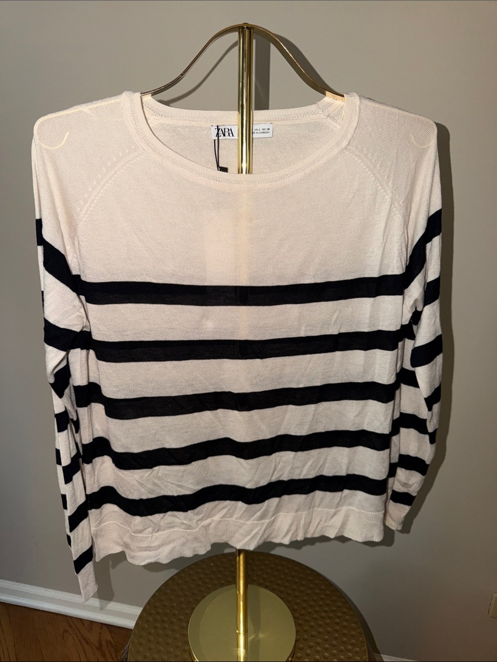 ZARA Cream and Black Striped Long Sleeve Tee
